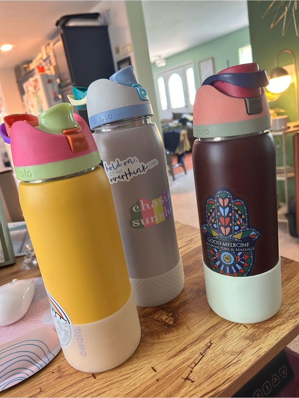 Three Owala Insulated Water Bottle - Yellow, Gray, Burgundy